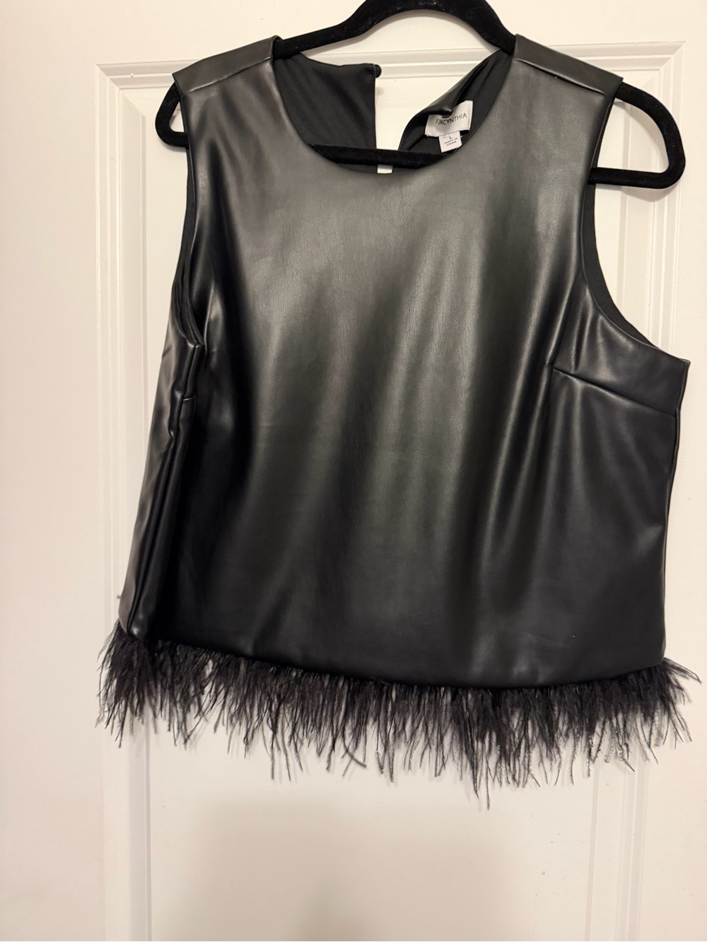 For Cynthia Black Faux Leather Tank with Feather Hem